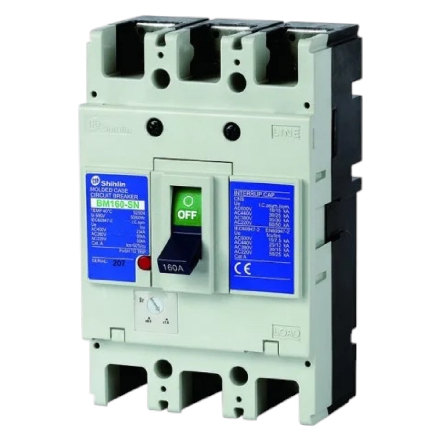 Shihlin 160A AC circuit breaker with a light gray plastic housing, black terminal blocks, blue control labels, and a central switch in the OFF position with a green indicator light.