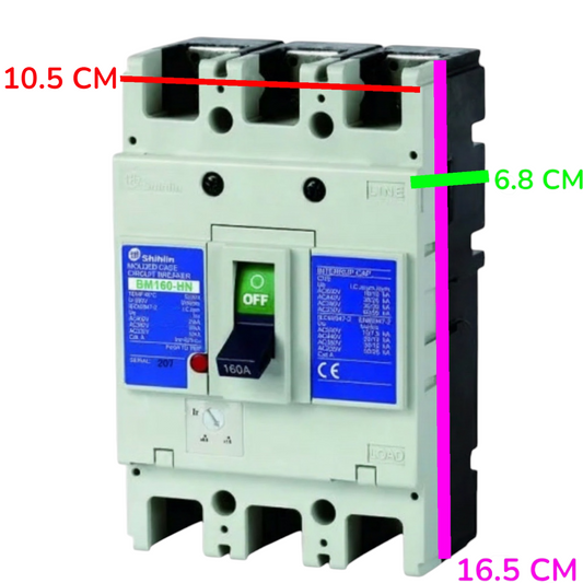 A Shihlin circuit breaker with dimension annotations showing 10.5 cm width, 6.