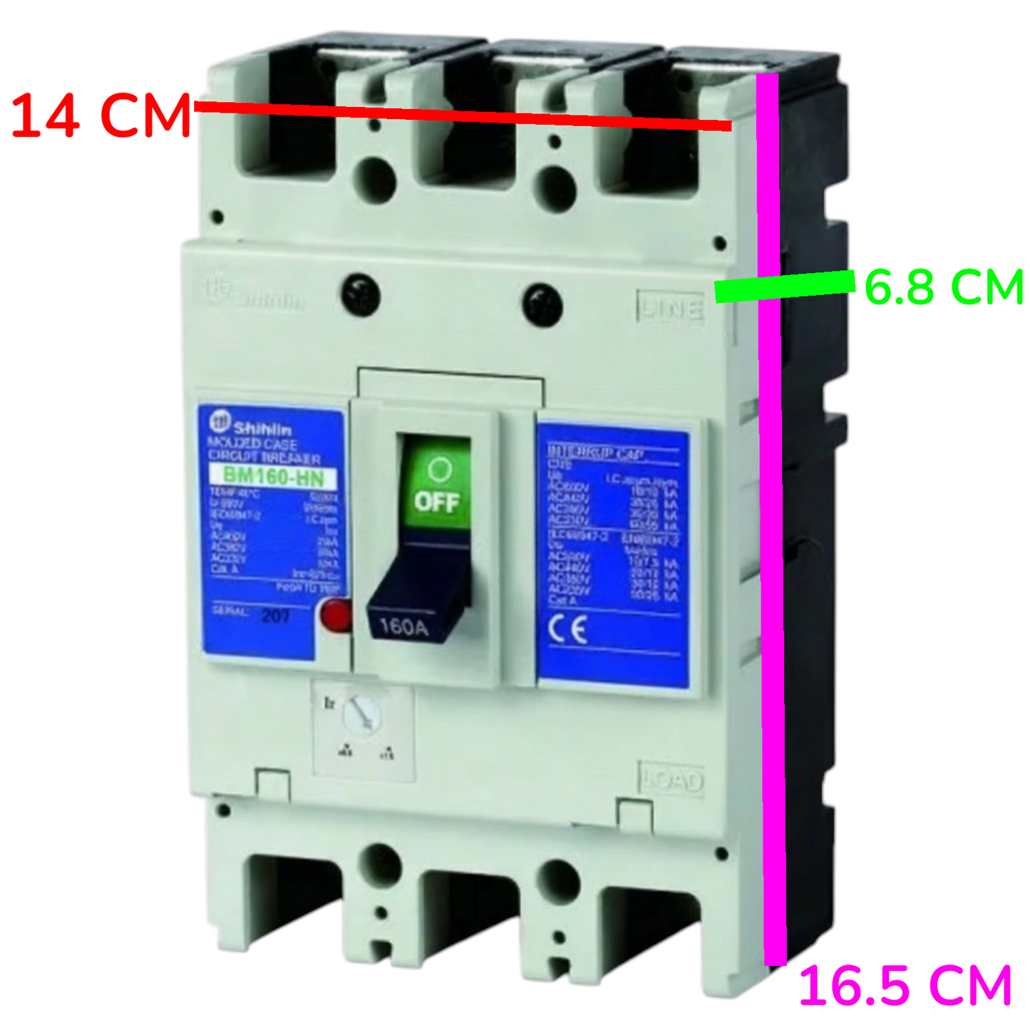 A 3-pole circuit breaker with dimension annotations showing 14 cm width, 6.8 cm side depth, and 16.