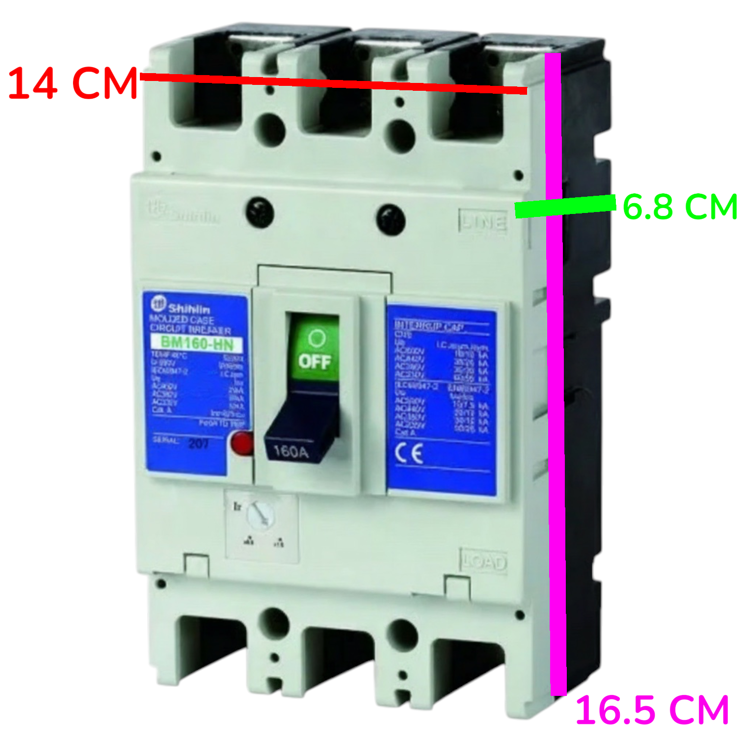 A 3-pole circuit breaker with dimension annotations showing 14 cm width, 6.8 cm side depth, and 16.