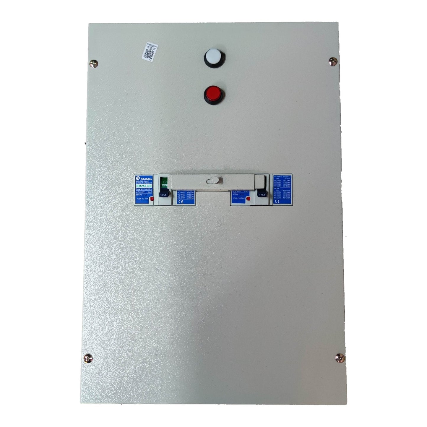 Metal control panel with buttons and labels on a white background