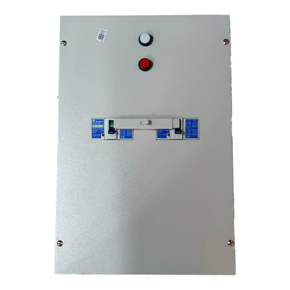 Metal control panel with buttons and labels on a white background