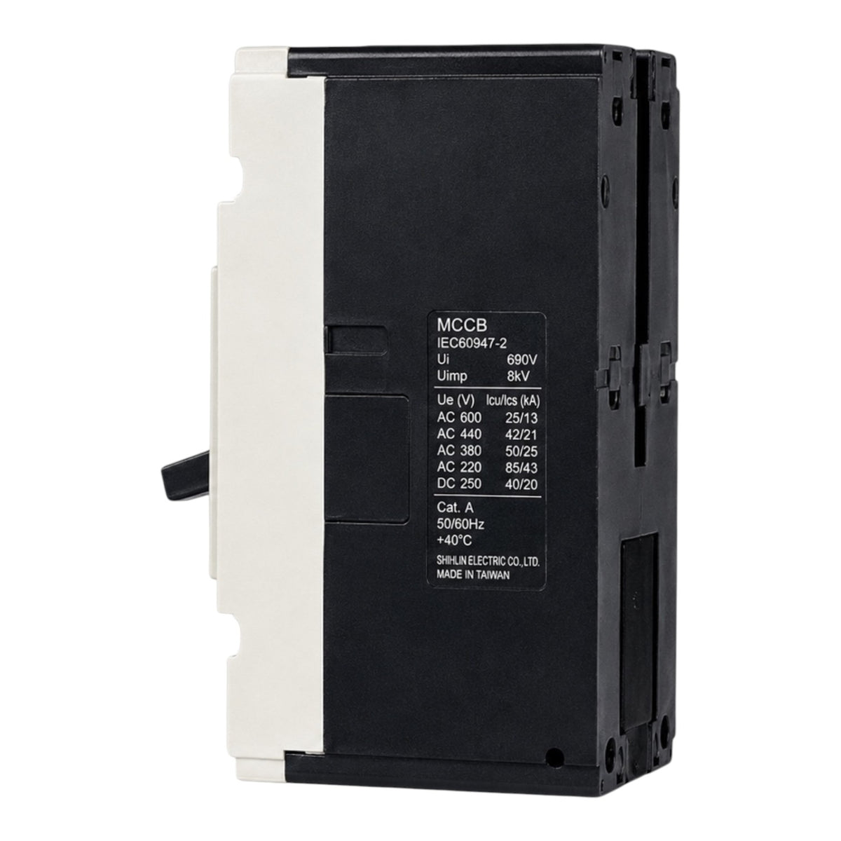 A Schneider Electric MCCB circuit breaker, model IE60947-2, featuring a black main housing with technical specifications printed on the front, a white plastic side cover, and a black handle lever protruding from the left side, set against a plain white background.