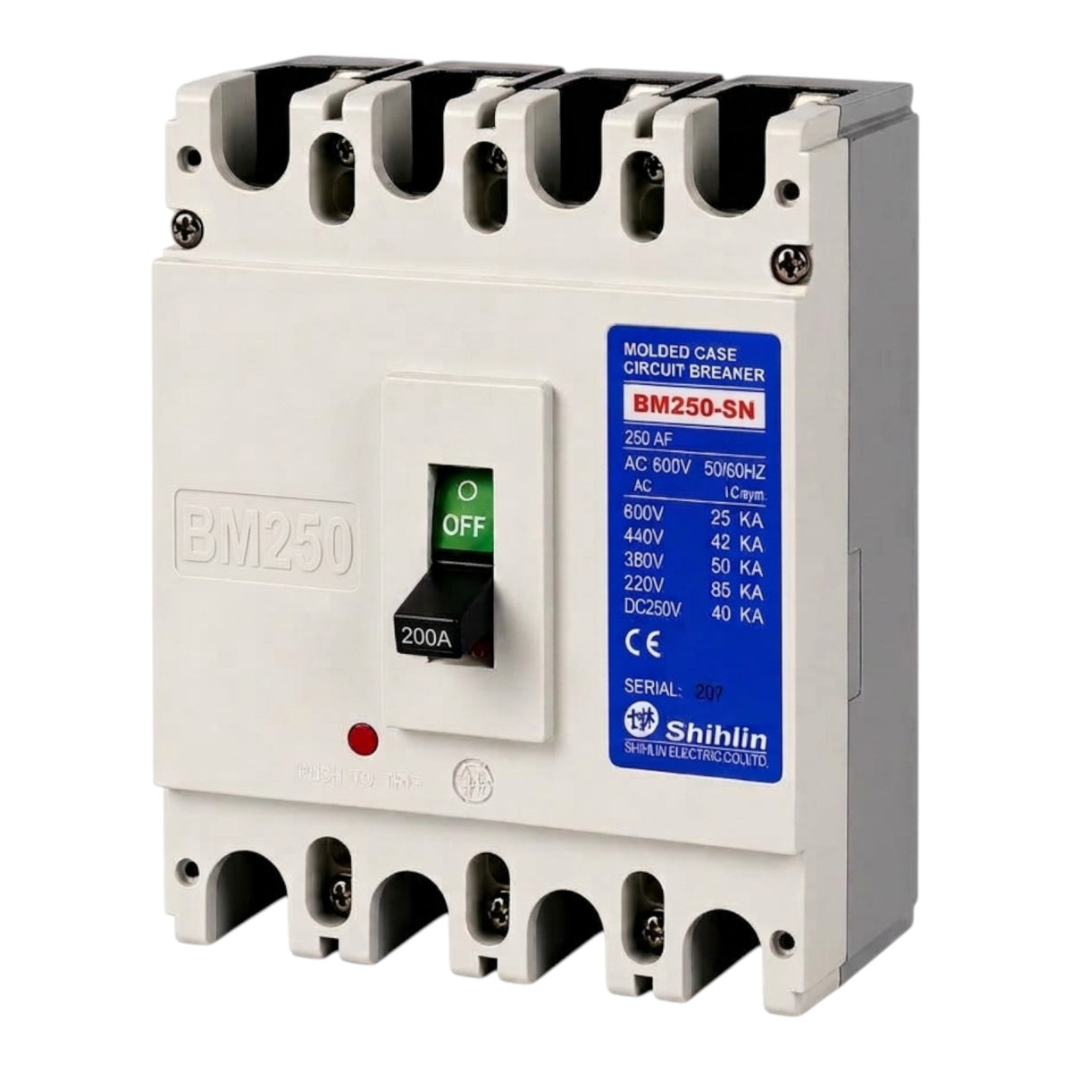 Shihlin BM250 circuit breaker with a white plastic housing, black terminal blocks, a black and white switch, and a blue technical specification label.