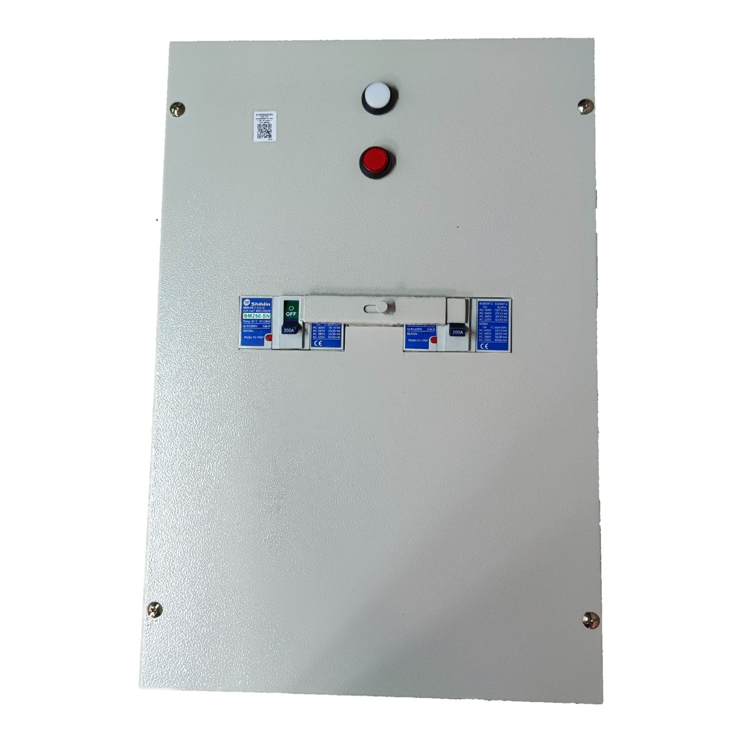 Metal control panel with buttons and labels on a white background