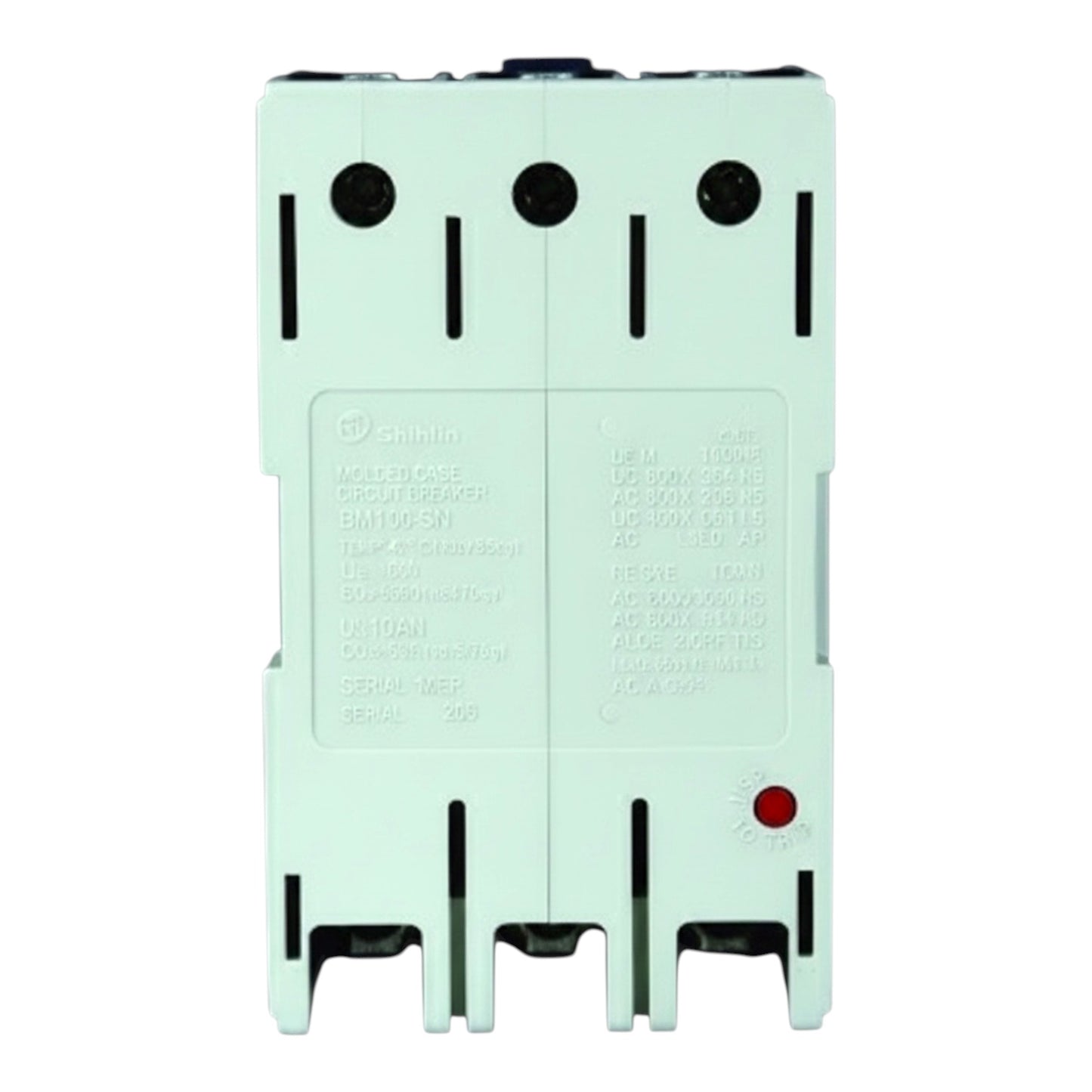 A light green electrical circuit breaker module with black terminal slots, mounting holes, and a small red indicator light, shown against a plain white background.