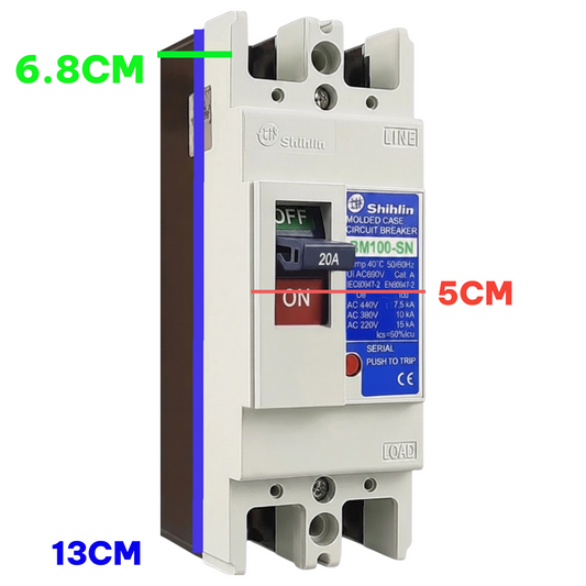 Shihin M100-CN single-pole magnetic trip circuit breaker with dimension annotations showing 6.8cm, 5cm, and 13cm on a white background.