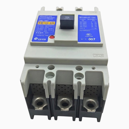 A 3-pole circuit breaker with a light gray plastic housing, black central switch, and blue technical labels on the top panel.