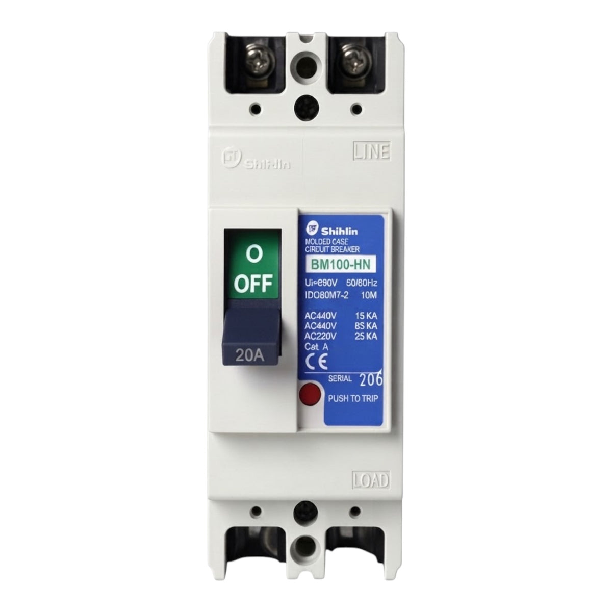 A Schneider Electric circuit breaker, model BM100-HN, featuring a white plastic housing, a green OFF switch, and a blue technical label.