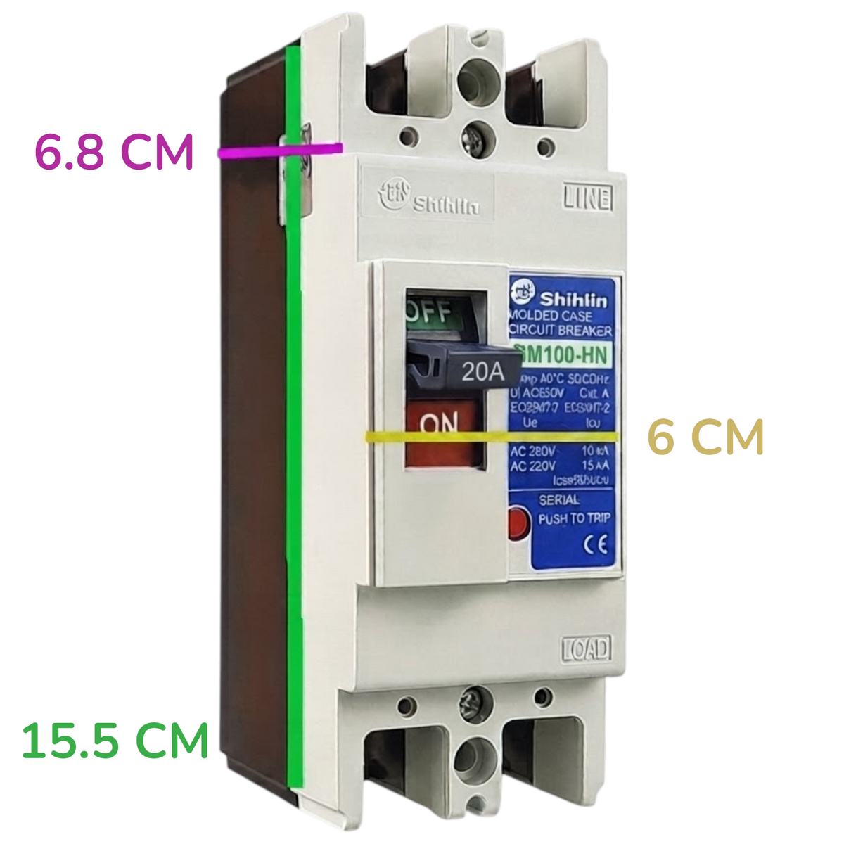 Shihlin BM100-HN AC 230V circuit breaker with dimension annotations showing 15.5 cm width, 6 cm front plate width, and 6.