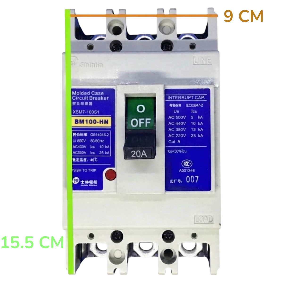 A molded circuit breaker shown front-on against a plain white background, with measurement annotations: a green vertical line labeled 15.5 CM and an orange horizontal line labeled 9 CM.