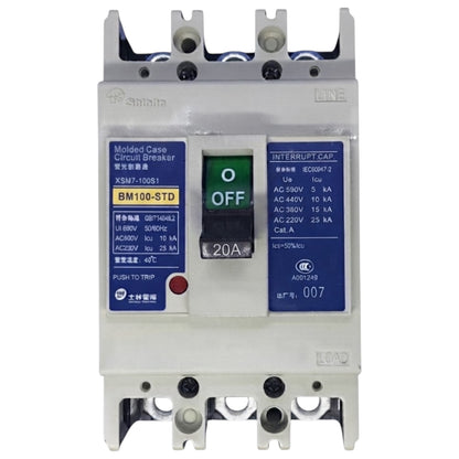 A Shihlin molded case circuit breaker with a white plastic housing, blue technical label panels, a black central switch marked OFF, and a small green indicator window, shown on a plain white background.