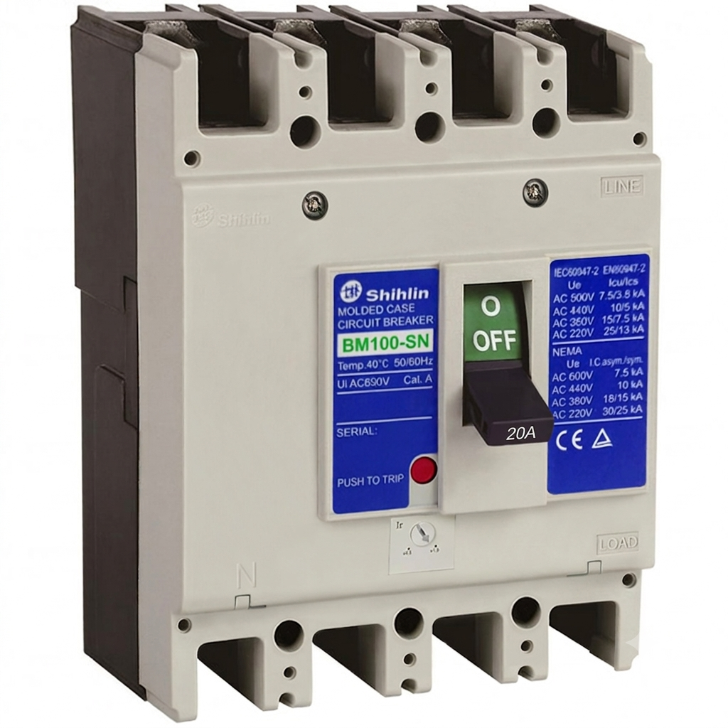 Shihlin BM100-SN molded case circuit breaker, 3P, 15A, 690V AC, shown in a clean studio shot against a white background.