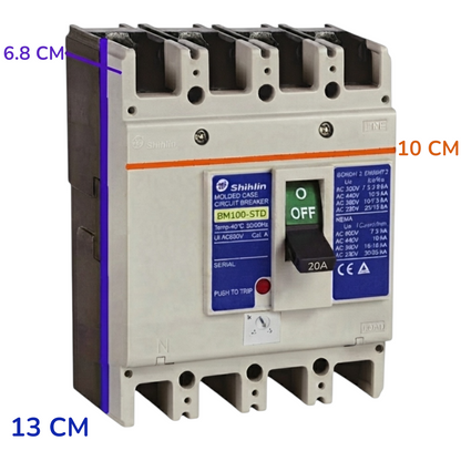 Shihlin BM100-STD molded circuit breaker with dimension annotations showing 13 cm, 6.8 cm, and 10 cm measurements on a white background.