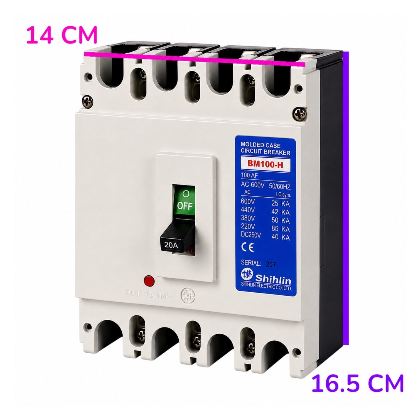 A Shihlin BM100-H molded case circuit breaker shown on a white background with pink and purple dimension lines and text indicating 14 CM width and 16.5 CM height.