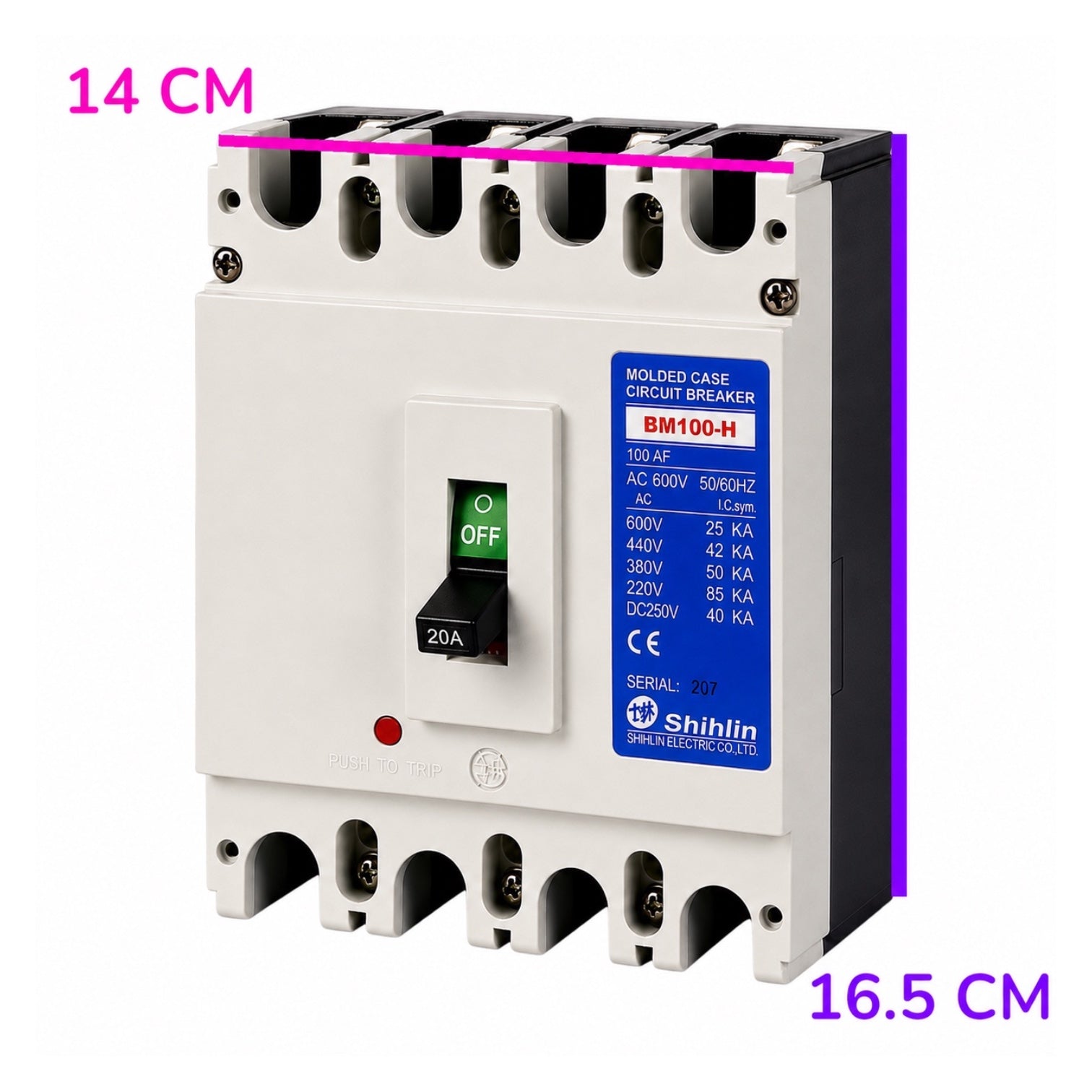 A Shihlin BM100-H molded case circuit breaker shown on a white background with pink and purple dimension lines and text indicating 14 CM width and 16.5 CM height.