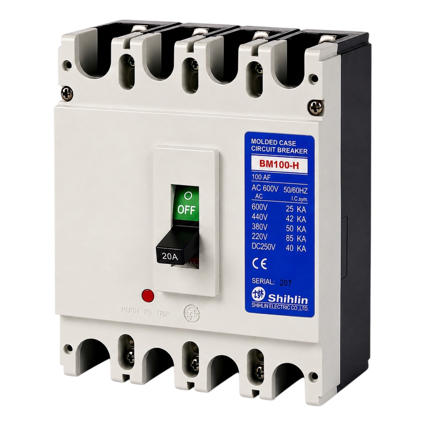 Shihlin BM100-H molded case circuit breaker, 20A, 600V AC, with a white front housing, black side and top/bottom components, a blue specification label, and a black switch with a green 'ON' indicator.