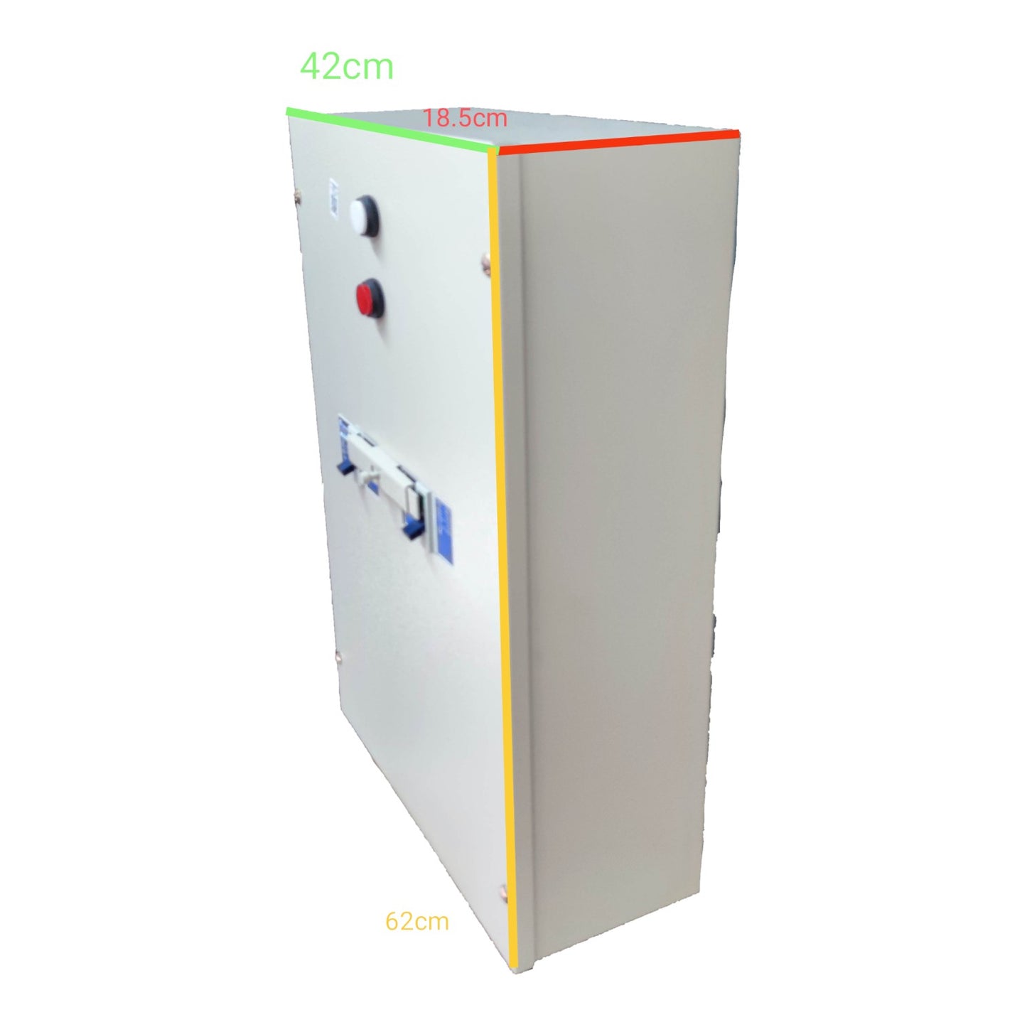 Rectangular metal box with dimensions labeled on a white background
