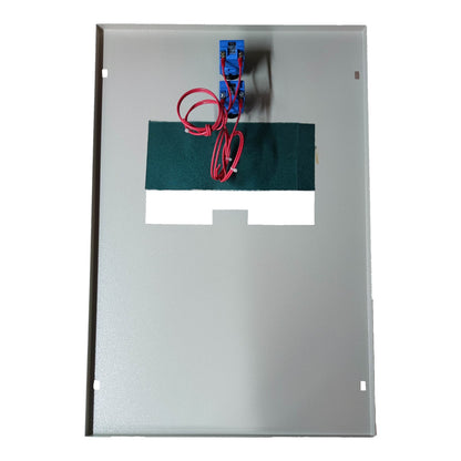 Metallic panel with green component, red wires, and blue connector on a white background