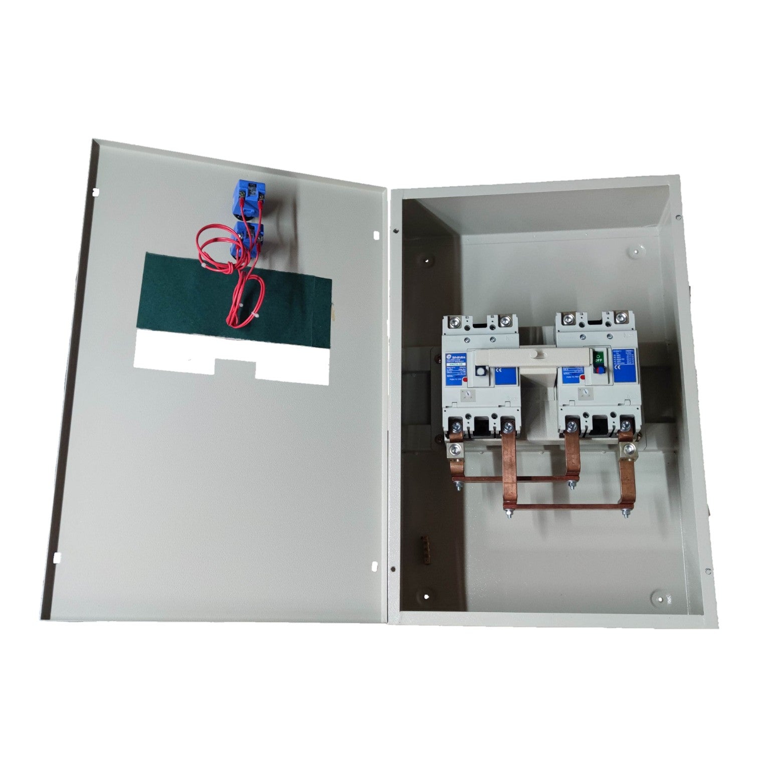 Electrical panel with open cover showing wiring and components on a white background