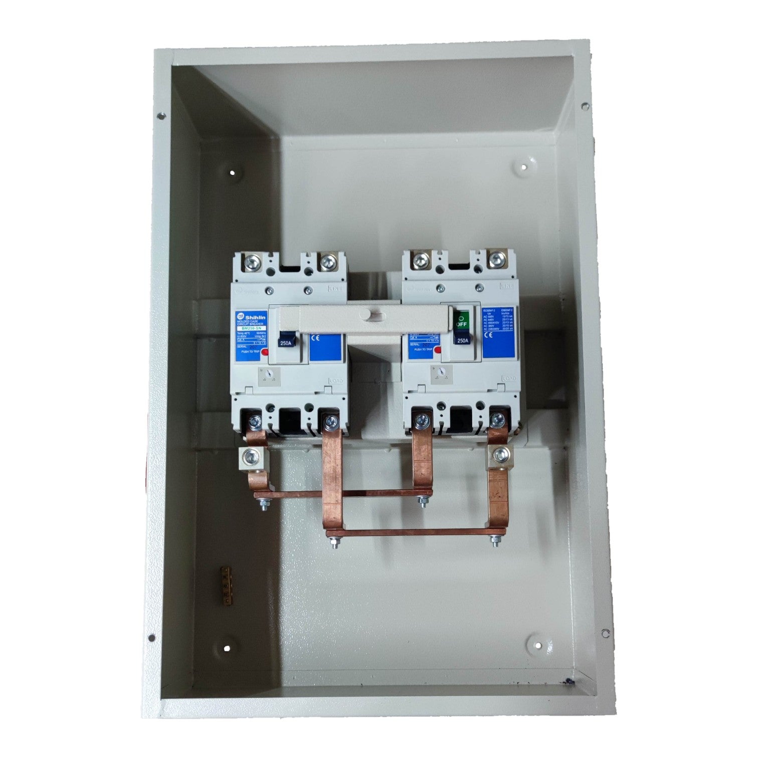 Electrical panel with multiple circuit breakers on a white background
