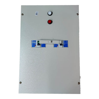 Metal control panel with buttons and labels on a white background