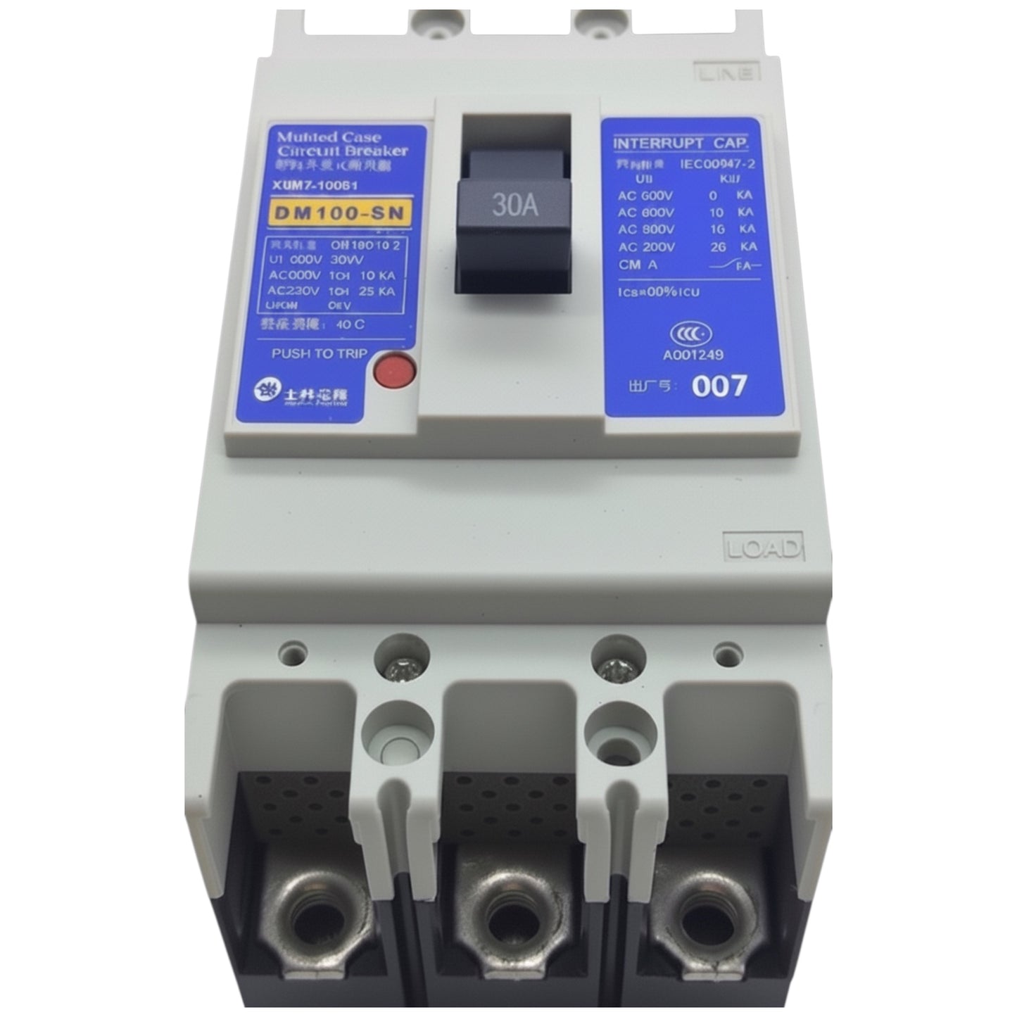 A molded case circuit breaker (MCCB) with a gray plastic housing, featuring blue and yellow technical labels, a black 30A switch, and three terminal connectors at the bottom.
