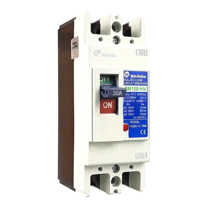 Shihlin BM100-HN AC 220V Molded Circuit Breaker with a white plastic housing, brown side panel, blue and green label, and red ON switch.