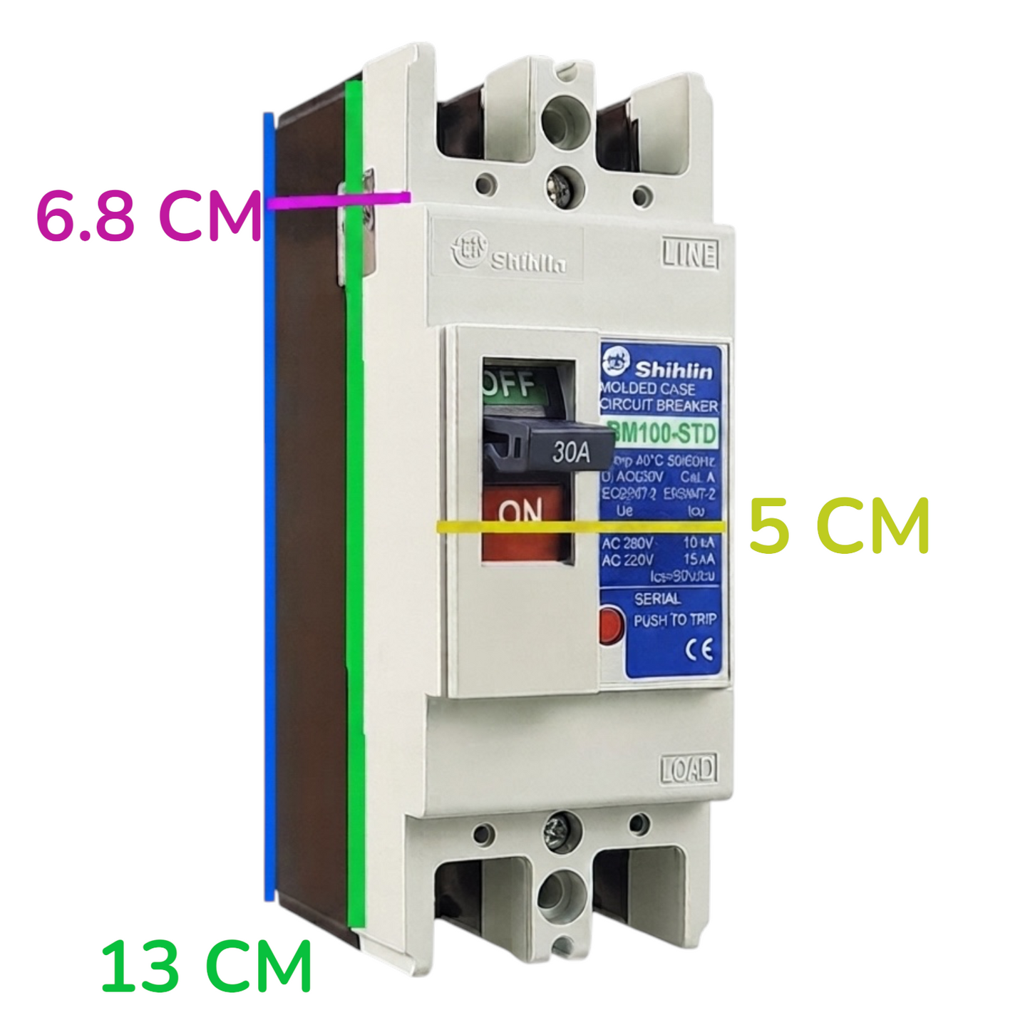 A Shihlin molded plastic circuit breaker shown on a plain white background with overlaid dimension labels: 6.8 cm, 5 cm, and 13 cm indicating measurements on the product.