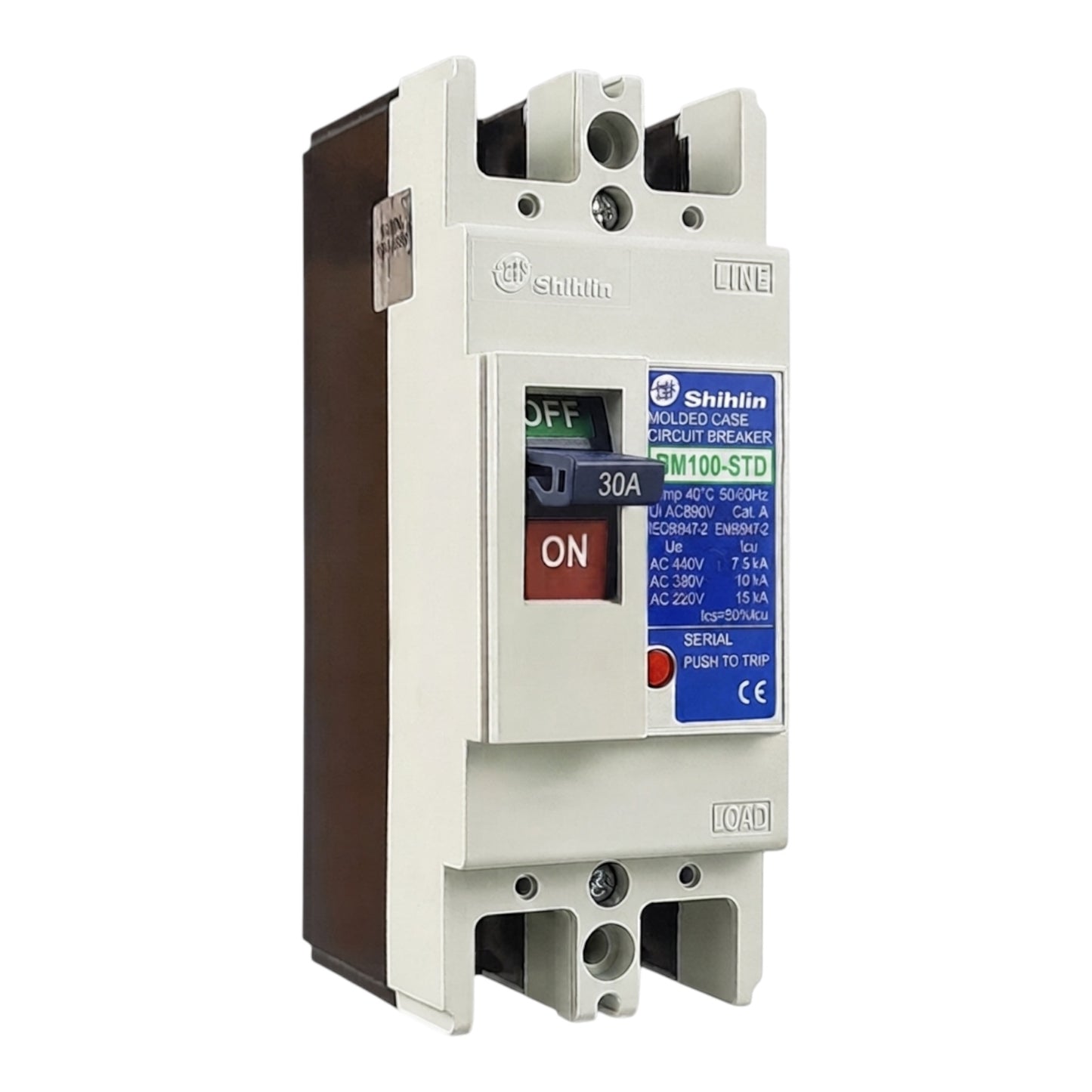 Shihlin BM100-STD 30A molded circuit breaker with a white front, brown side, and blue label, shown on a white background.