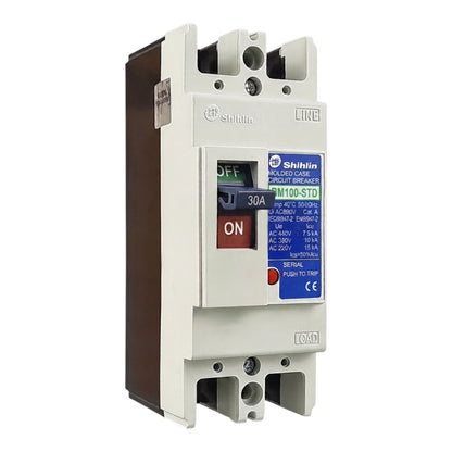 Shihlin BM100-STD 30A molded circuit breaker with a white front, brown side, and blue label, shown on a white background.