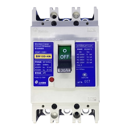 A Shihlin molded case circuit breaker (MCCB) model BM100-HN, featuring a white plastic housing with blue and yellow labels, a green and black switch, and technical specifications printed on the front.