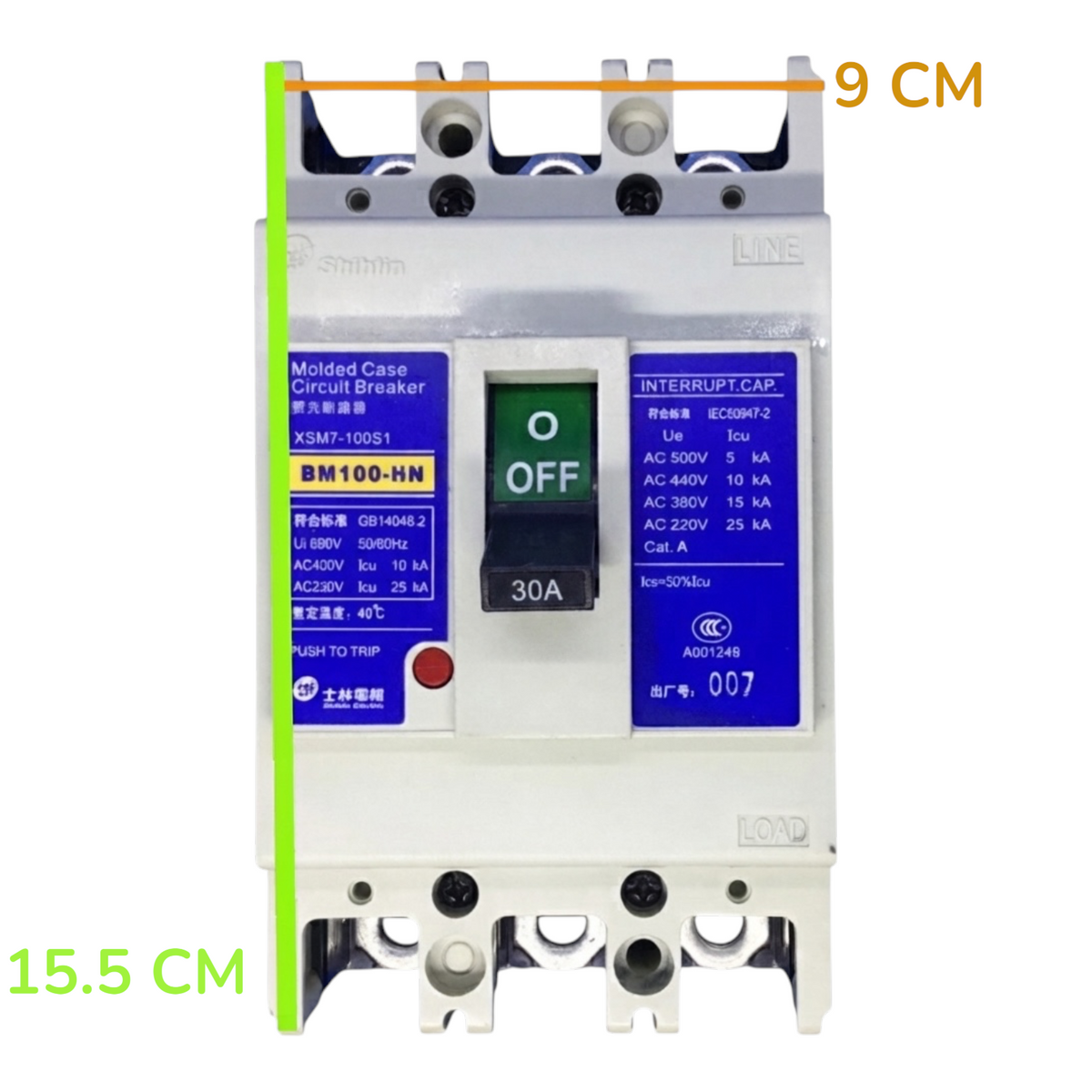 A molded case circuit breaker shown front-on against a plain white background, with measurement annotations: a green vertical line labeled 15.5 CM and an orange horizontal line labeled 9 CM.