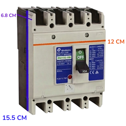 A Shihlin BM100-HN modular electrical circuit breaker with dimension annotations showing 15.5 cm width, 12 cm height, and 6.