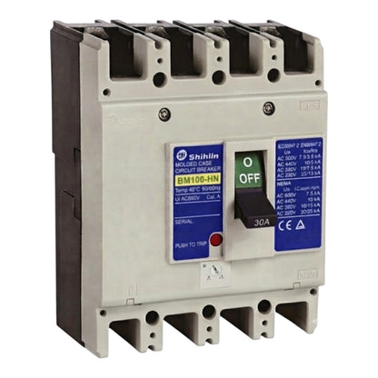 Shihlin BM100-HN molded circuit breaker with a gray plastic housing, black terminal blocks, blue labels, and a green/off switch.