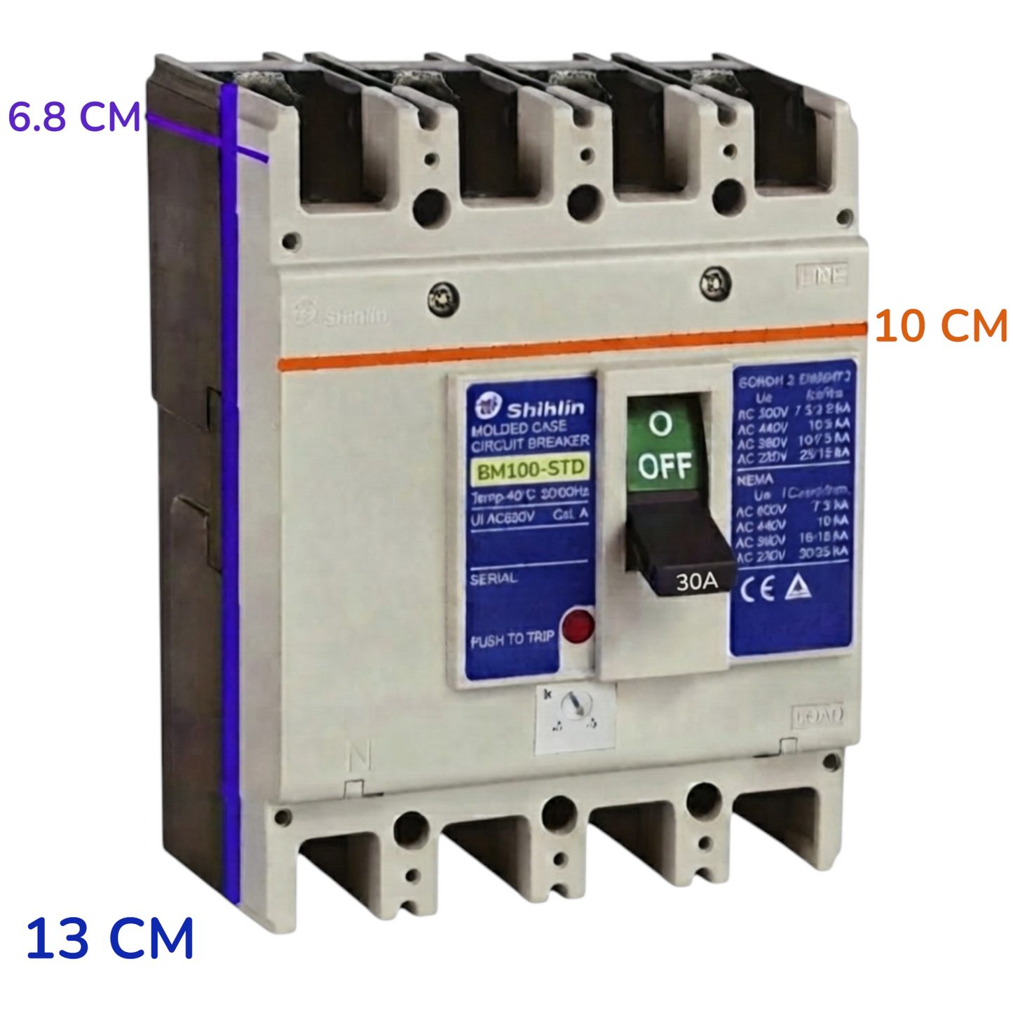 Shihlin BM100-STD modular circuit breaker with dimension annotations showing 13 cm width, 6.8 cm depth, and 10 cm height on a white background.