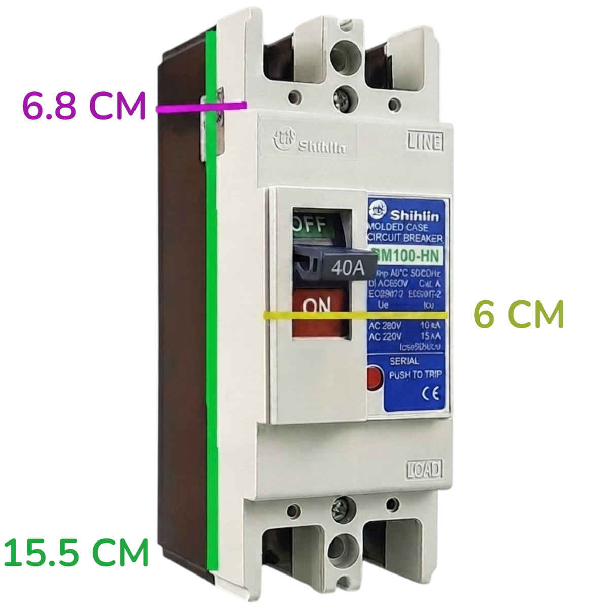 Shihlin BM100-HN circuit breaker with dimension annotations showing 15.5 cm width, 6 cm front throw distance, and 6.