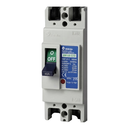Shinklin BM100-STD 40A molded circuit breaker with a gray plastic housing, a green and black OFF switch, and a blue technical label.