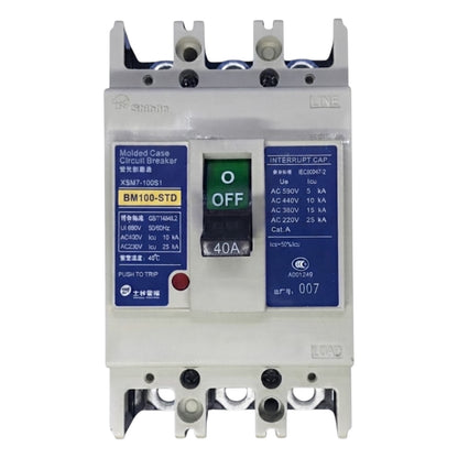A molded case circuit breaker with a white plastic housing, blue label panels, and a central black switch showing the OFF position. The brand name 'shim' is visible on the upper left of the device.