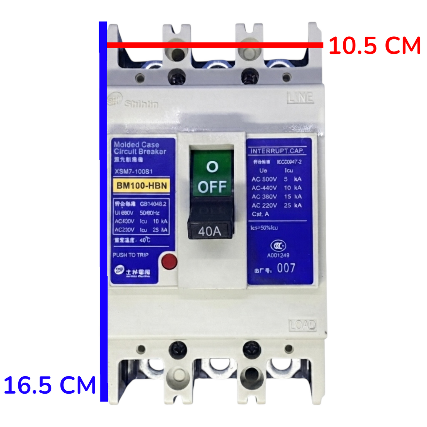 Shihlin BM100-HN molded circuit breaker with dimension annotations showing 15.5 cm height, 6.