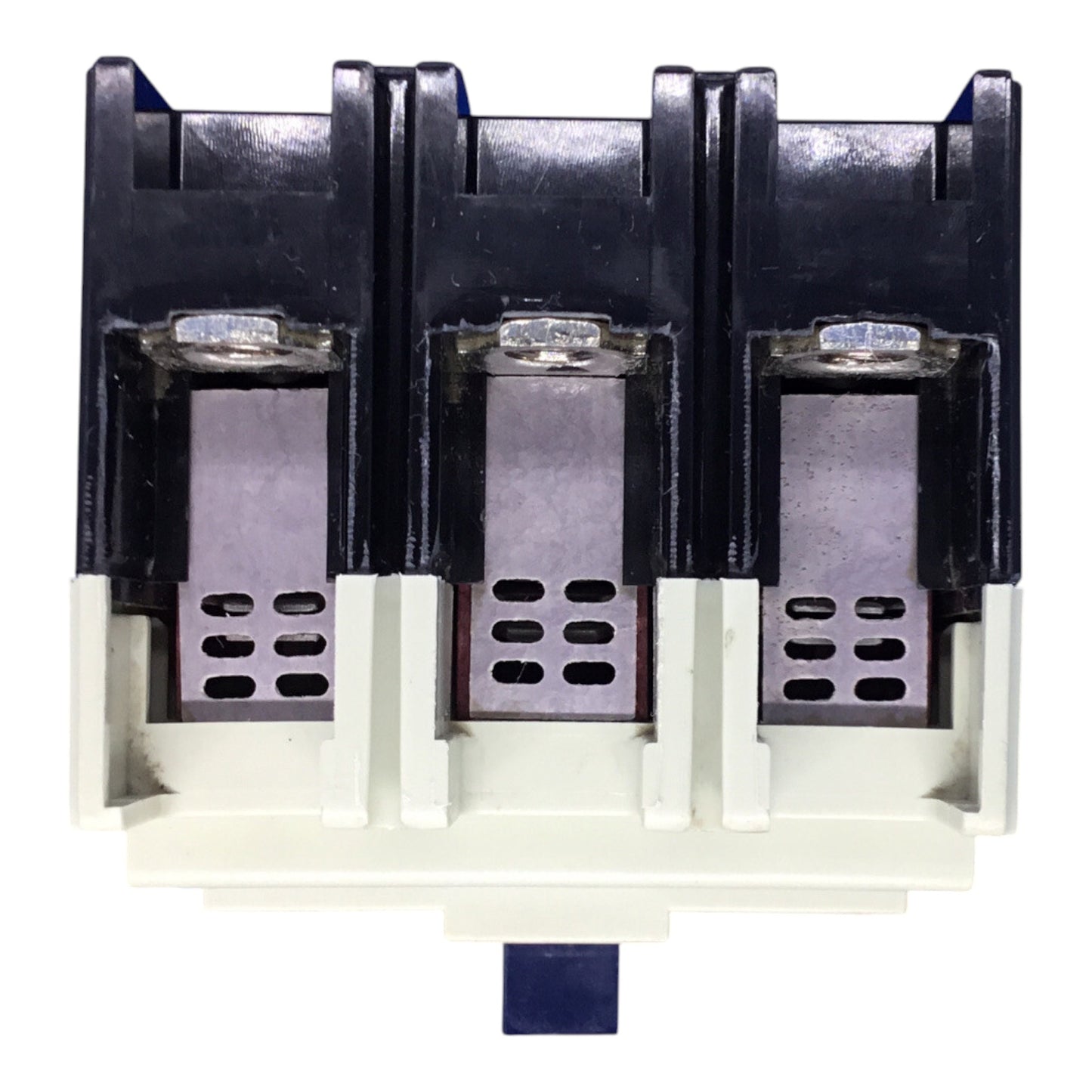 A three-phase electrical terminal block connector with black plastic top covers, silver metal contacts, and an off-white plastic base, isolated on a white background.