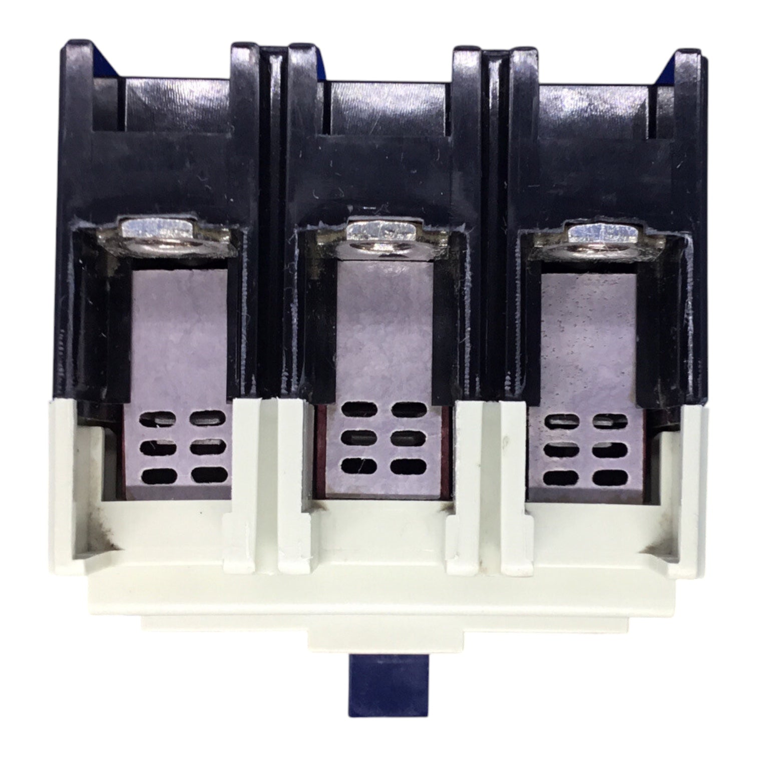 A three-phase electrical terminal block connector with black plastic top covers, silver metal contacts, and an off-white plastic base, isolated on a white background.