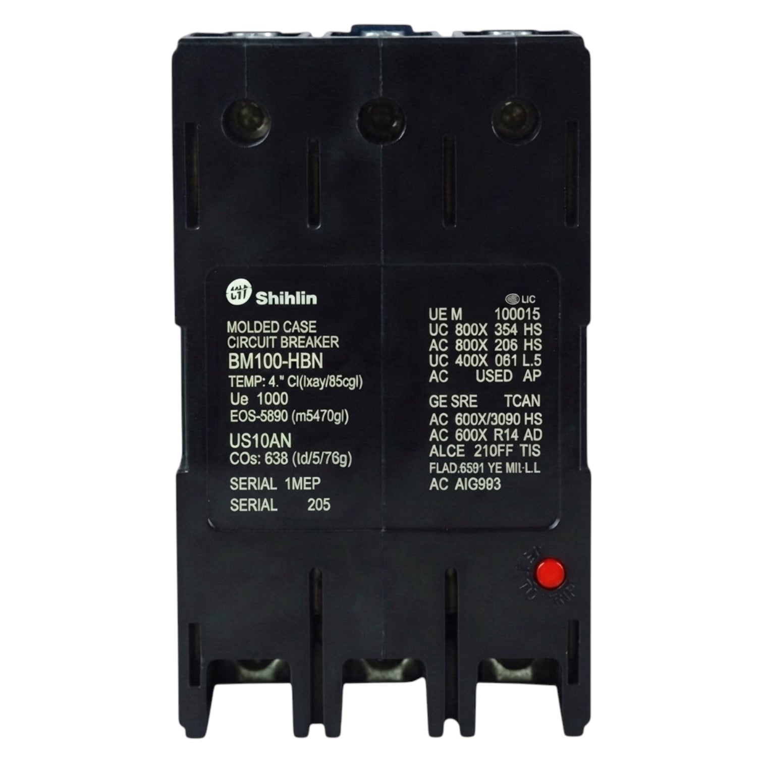 Shihin BM100-HBN molded case circuit breaker in black plastic with white printed technical specifications and a small red indicator light, shown against a plain white background.