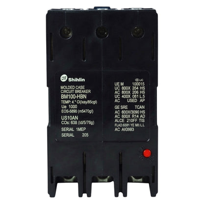 Shihin BM100-HBN molded case circuit breaker in black plastic with white printed technical specifications and a small red indicator light, shown against a plain white background.