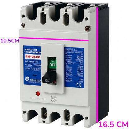 A Shihlin BM100-HC molded case circuit breaker shown on a white background with pink dimension lines indicating 10.5 cm width and 16.