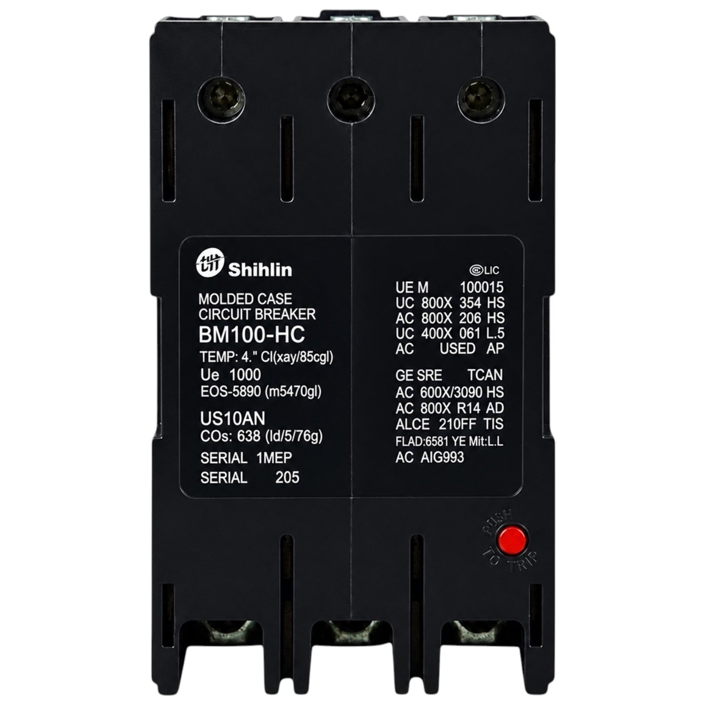 Shihlin BM100-HC molded case circuit breaker, black plastic with a white printed label and a small red reset button, shown on a plain white background.