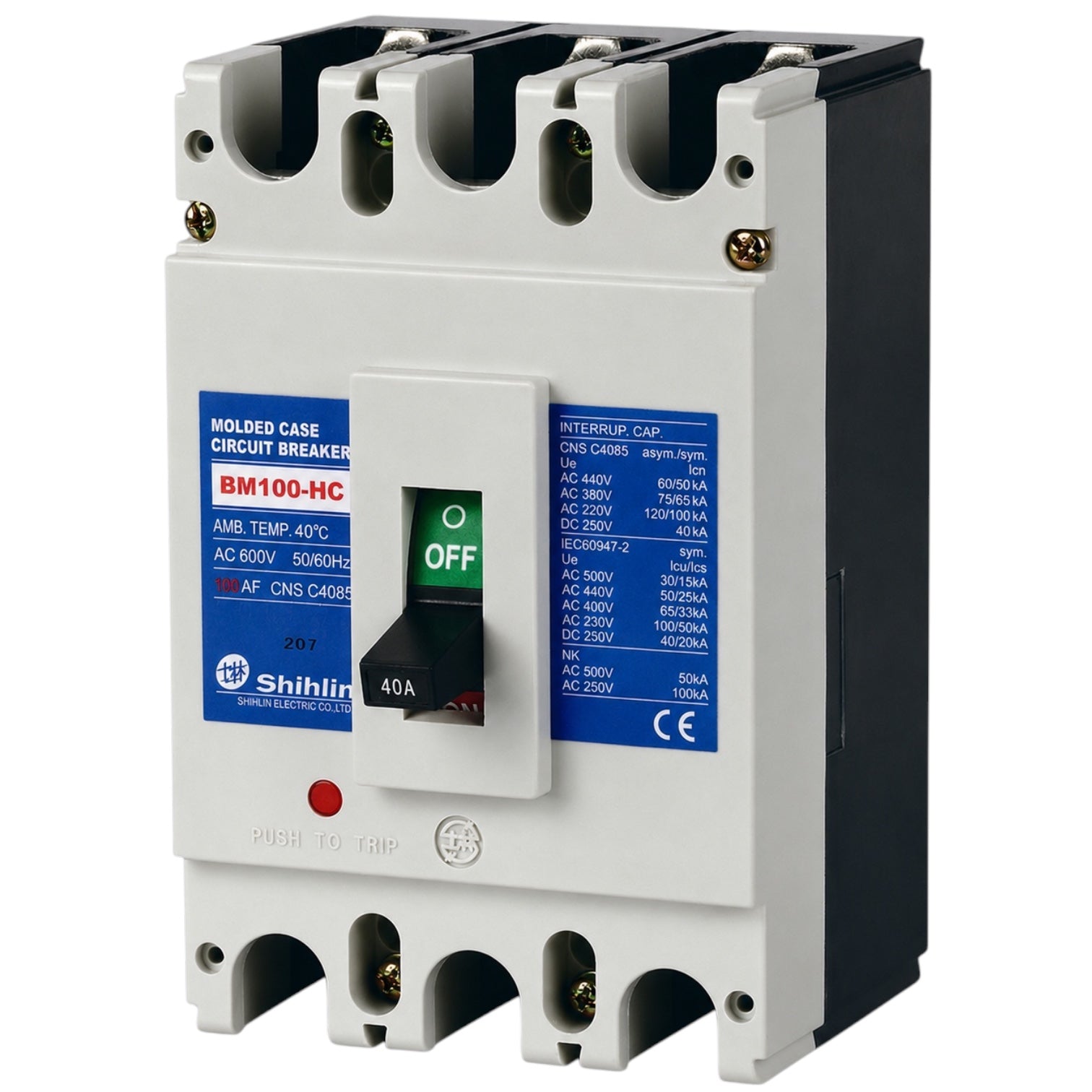 Shihlin BM100-HC molded case circuit breaker with a white front, black side housing, blue technical labels, and a black switch handle showing the off position.