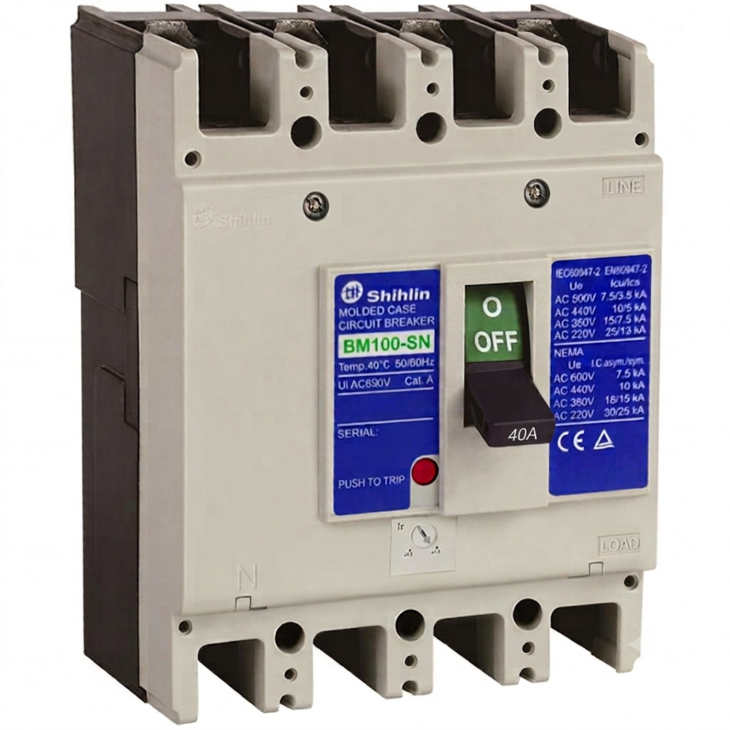 Shihin BM100-5N molded case circuit breaker with a beige plastic housing, black terminal blocks, blue labels, and a black switch handle showing the OFF position.