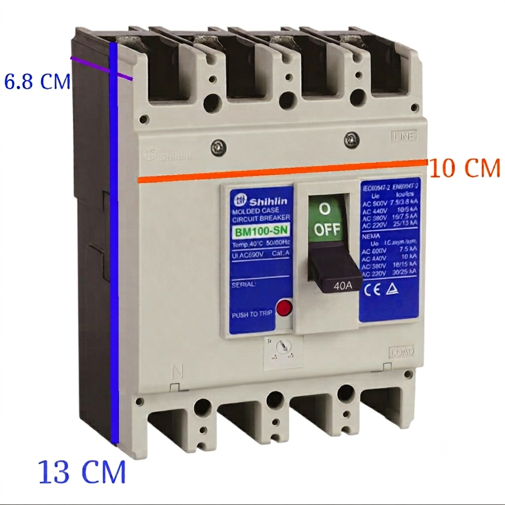 A Shihlin GMI00SN modular electrical circuit breaker shown on a plain white background with blue dimension lines and text indicating measurements: 6.8 cm width, 10 cm height, and 13 cm depth.
