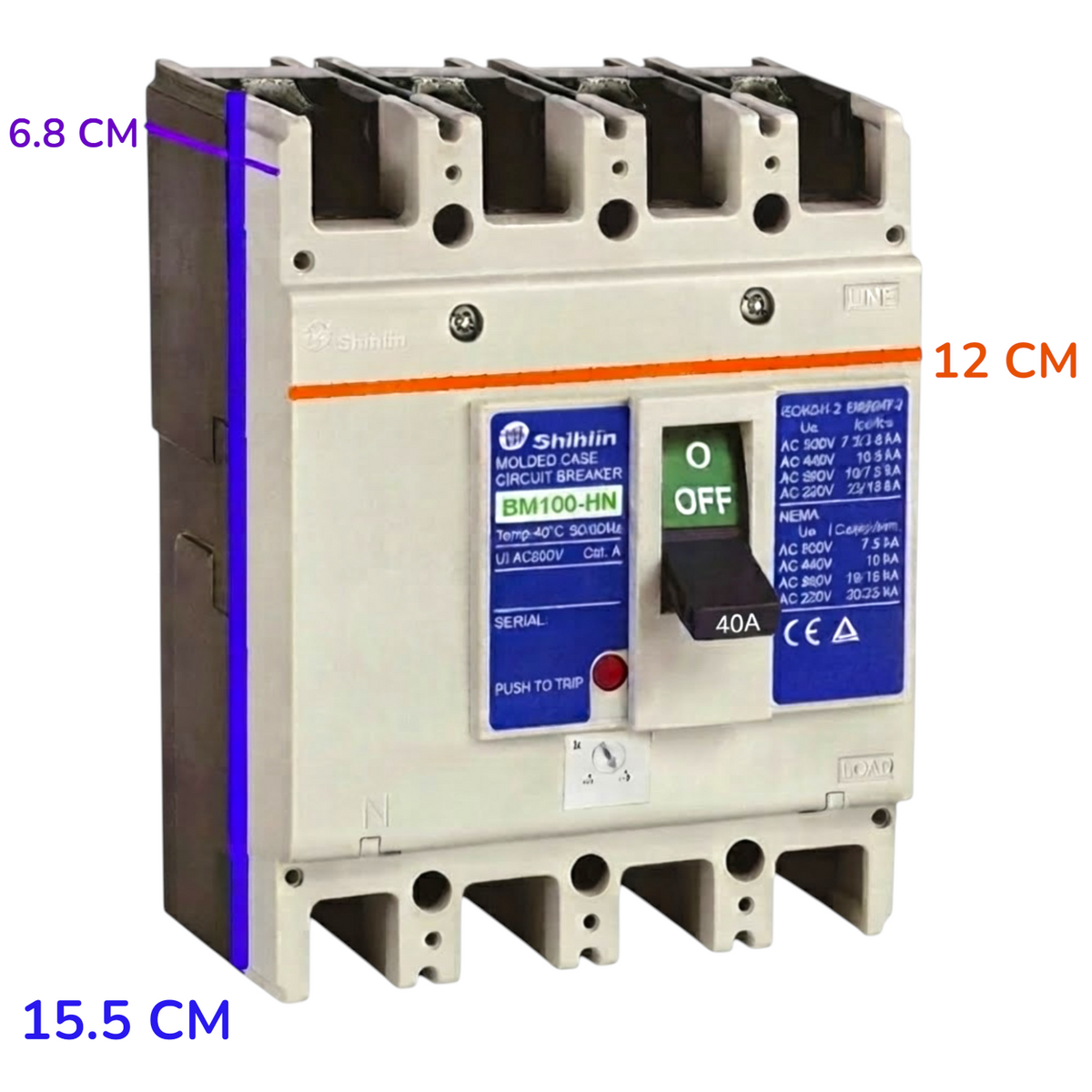 A Shihlin BM100-HN circuit breaker shown on a plain white background with blue measurement labels indicating 15.5 cm width, 12 cm height, and 6.